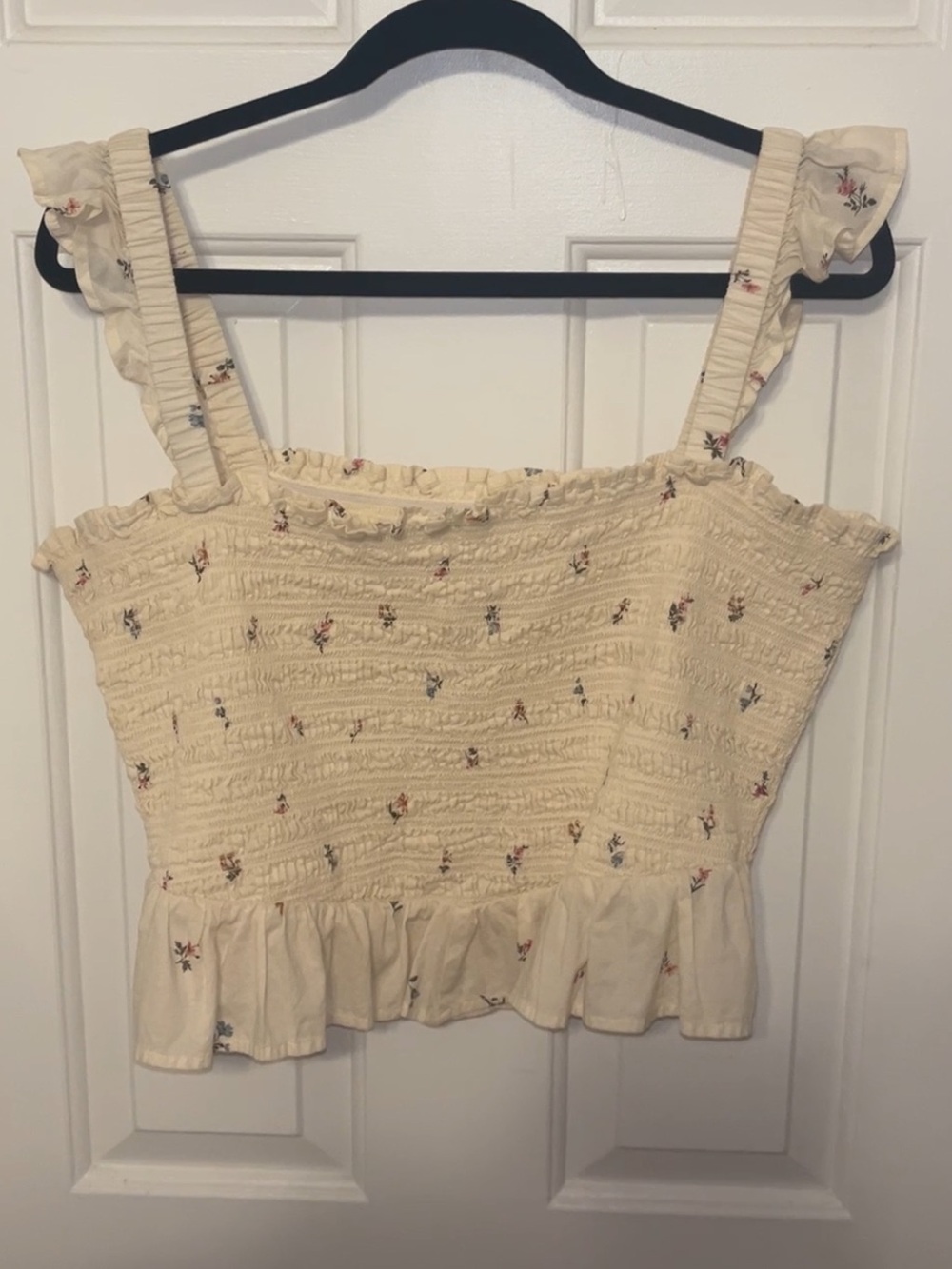 American Eagle Outfitters Cream Smocked Floral Ruffle Crop Top